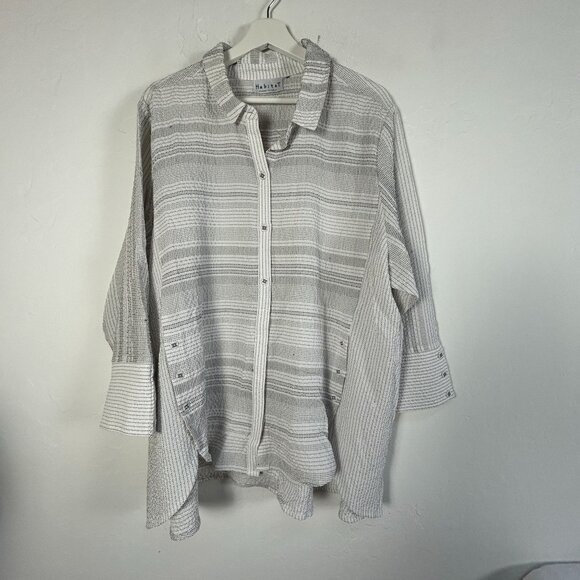 Habitat Womens White Black Striped Textured Button-Up Oversized Shirt Artsy Top - Picture 1 of 9